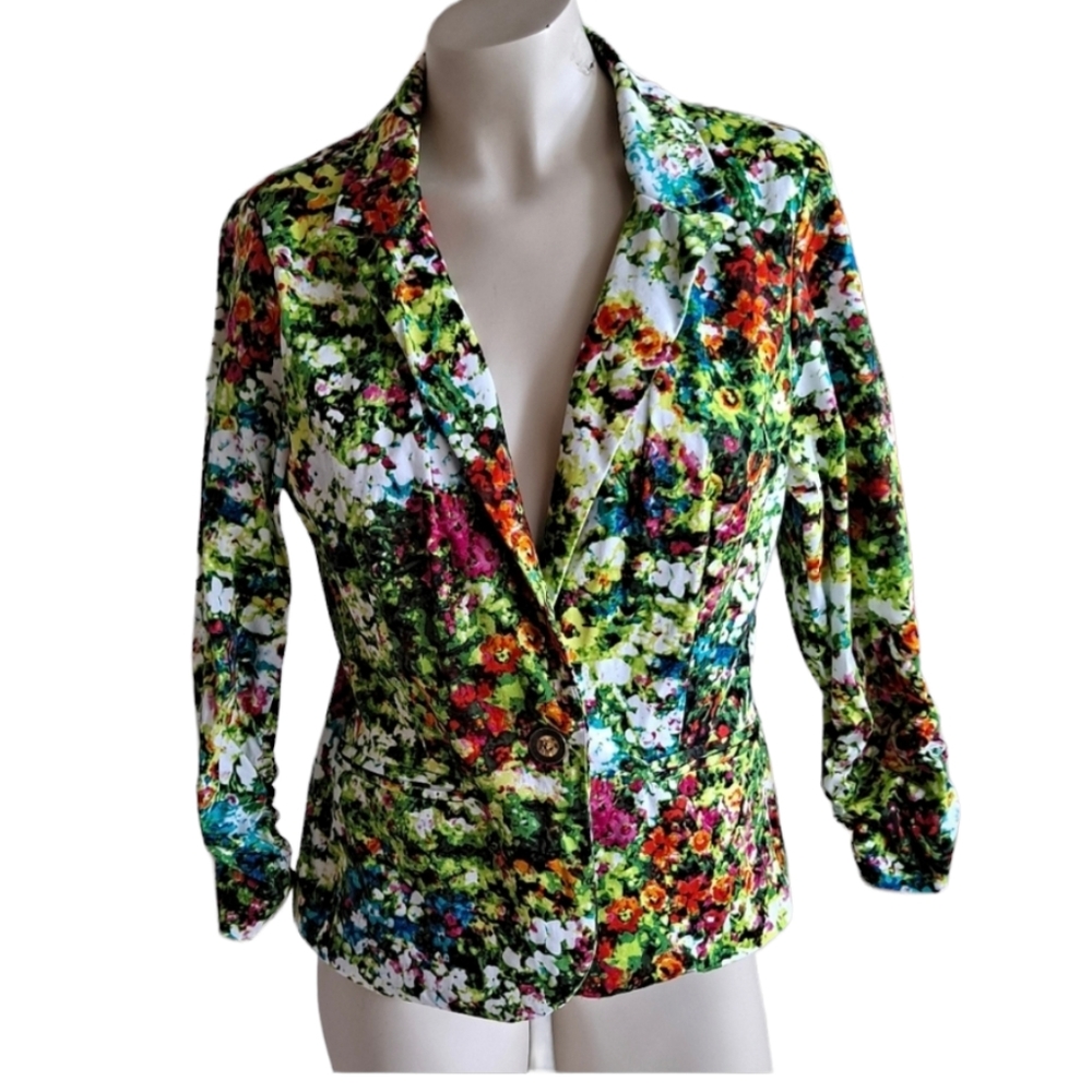 Notations bright floral one button blazer with sinched sleeve